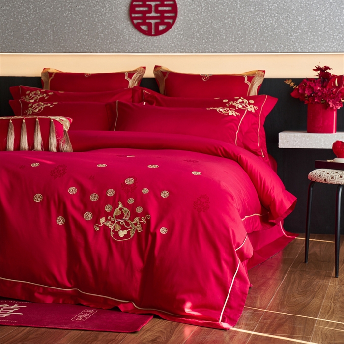 91家纺网 家纺一手货源 找家纺 （总）红番天婚庆 2025新款全棉纯棉提花四件套-金凤玉露