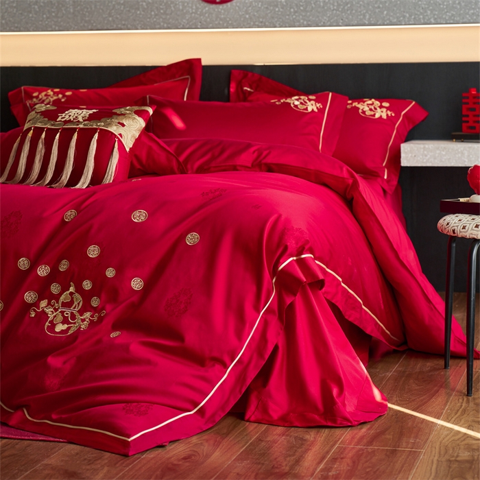 91家纺网 家纺一手货源 找家纺 （总）红番天婚庆 2025新款全棉纯棉提花四件套-金凤玉露