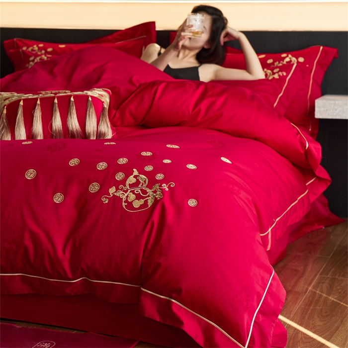 91家纺网 家纺一手货源 找家纺 （总）红番天婚庆 2025新款全棉纯棉提花四件套-金凤玉露