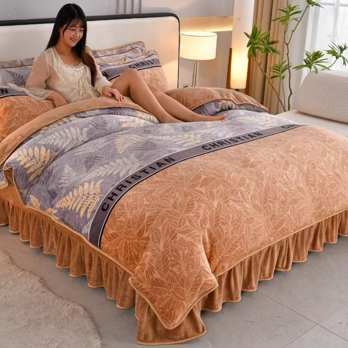 91家纺网 家纺一手货源 找家纺 硕喜 2025新款新8.5斤法莱绒四件套珊瑚牛奶金貂绒四件套床裙款 暖意洋洋