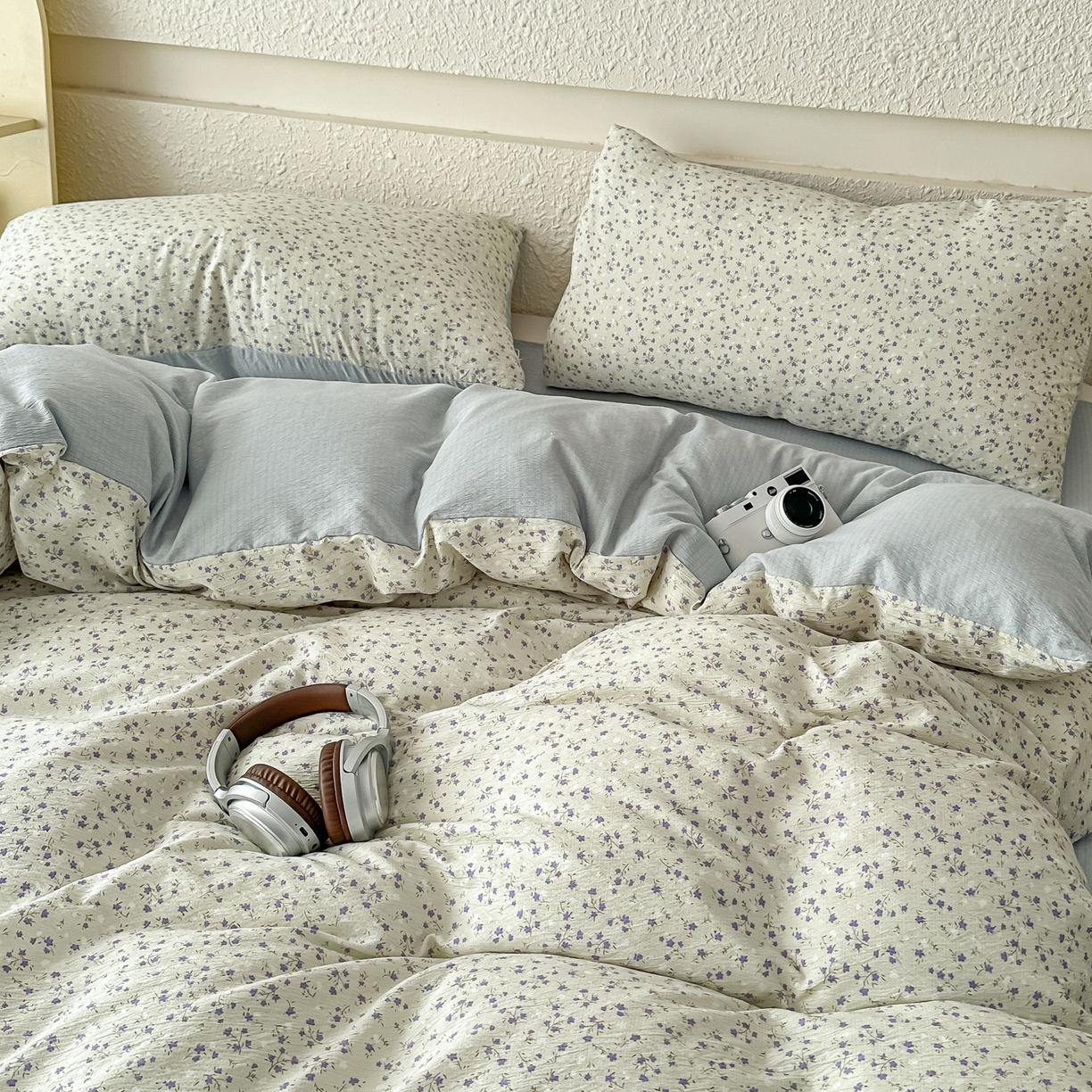 91家纺网 家纺一手货源 找家纺 麦乐迪 2026年新款A类抗菌云感双层纱印花四件套（提高买家秀） 浅蓝碎花