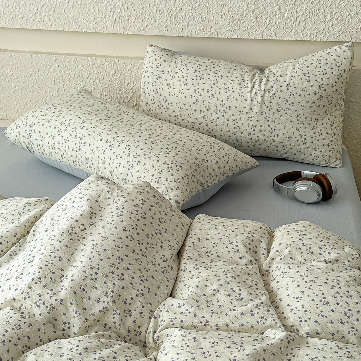 91家纺网 家纺一手货源 找家纺 麦乐迪 2026年新款A类抗菌云感双层纱印花四件套（提高买家秀） 浅蓝碎花