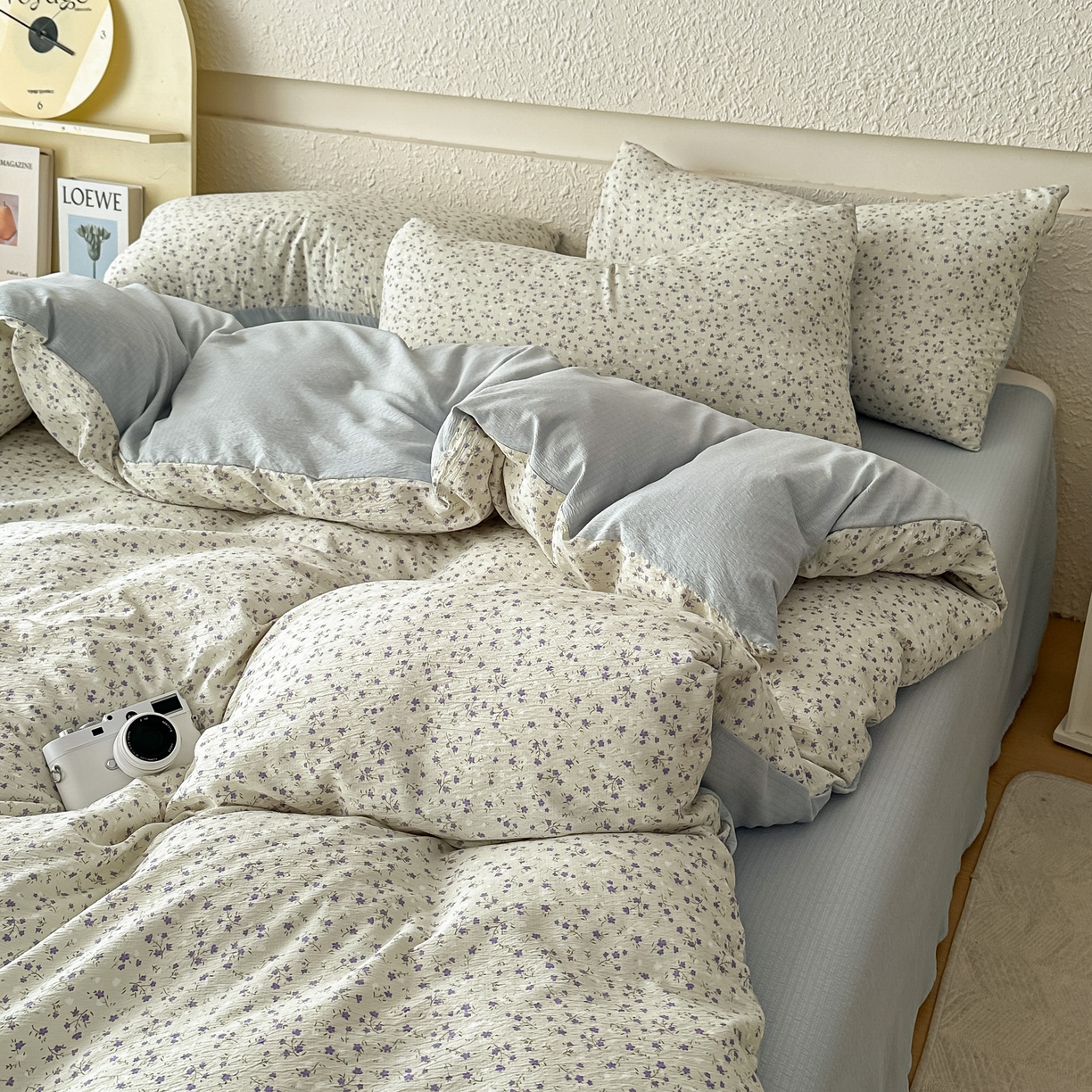 91家纺网 家纺一手货源 找家纺 麦乐迪 2026年新款A类抗菌云感双层纱印花四件套（提高买家秀） 浅蓝碎花