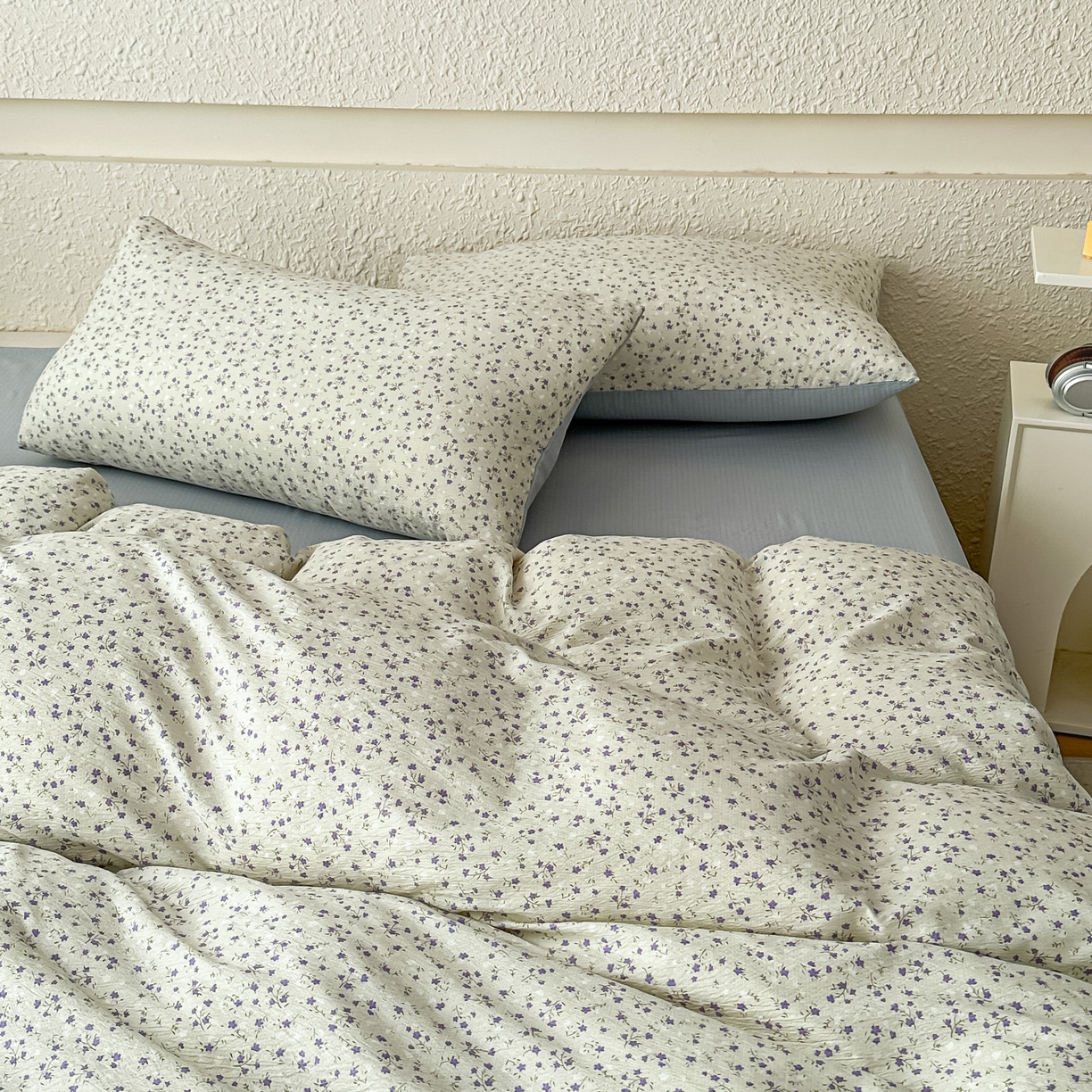 91家纺网 家纺一手货源 找家纺 麦乐迪 2026年新款A类抗菌云感双层纱印花四件套（提高买家秀） 浅蓝碎花