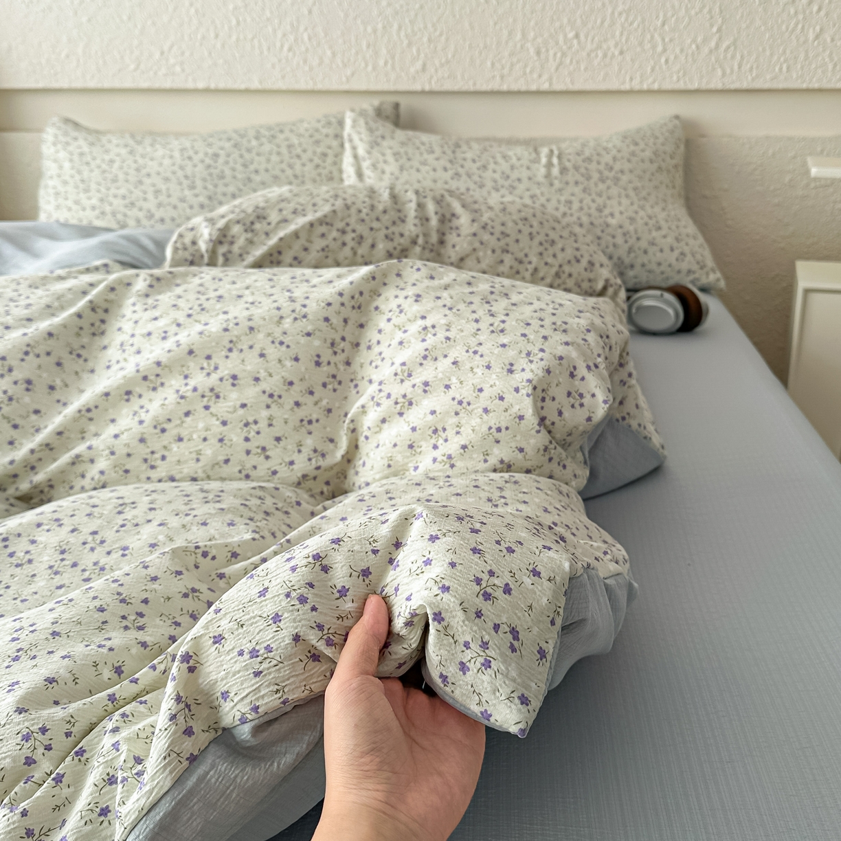 91家纺网 家纺一手货源 找家纺 麦乐迪 2026年新款A类抗菌云感双层纱印花四件套（提高买家秀） 浅蓝碎花