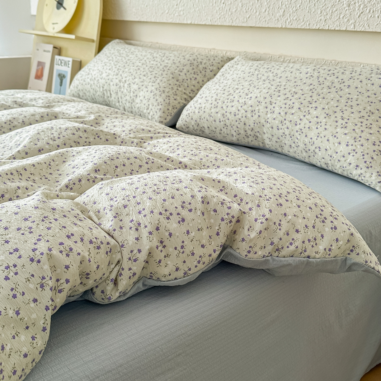 91家纺网 家纺一手货源 找家纺 麦乐迪 2026年新款A类抗菌云感双层纱印花四件套（提高买家秀） 浅蓝碎花