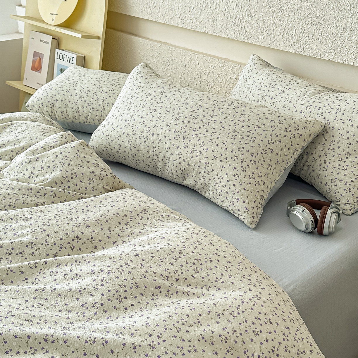 91家纺网 家纺一手货源 找家纺 麦乐迪 2026年新款A类抗菌云感双层纱印花四件套（提高买家秀） 浅蓝碎花