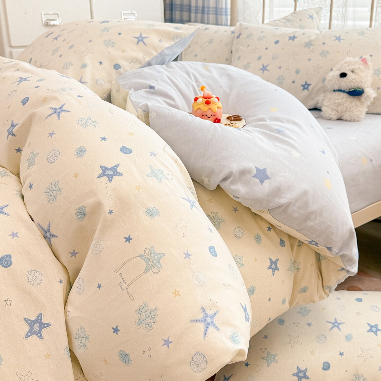 简宜家居（朝初家纺） 2025新款12868全棉兔与花笺系列四件套 海星贝贝