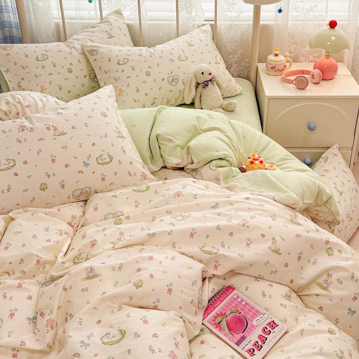 91家纺网 家纺一手货源 找家纺 简宜家居（朝初家纺） 2025新款12868全棉兔与花笺系列四件套 兔与花笺