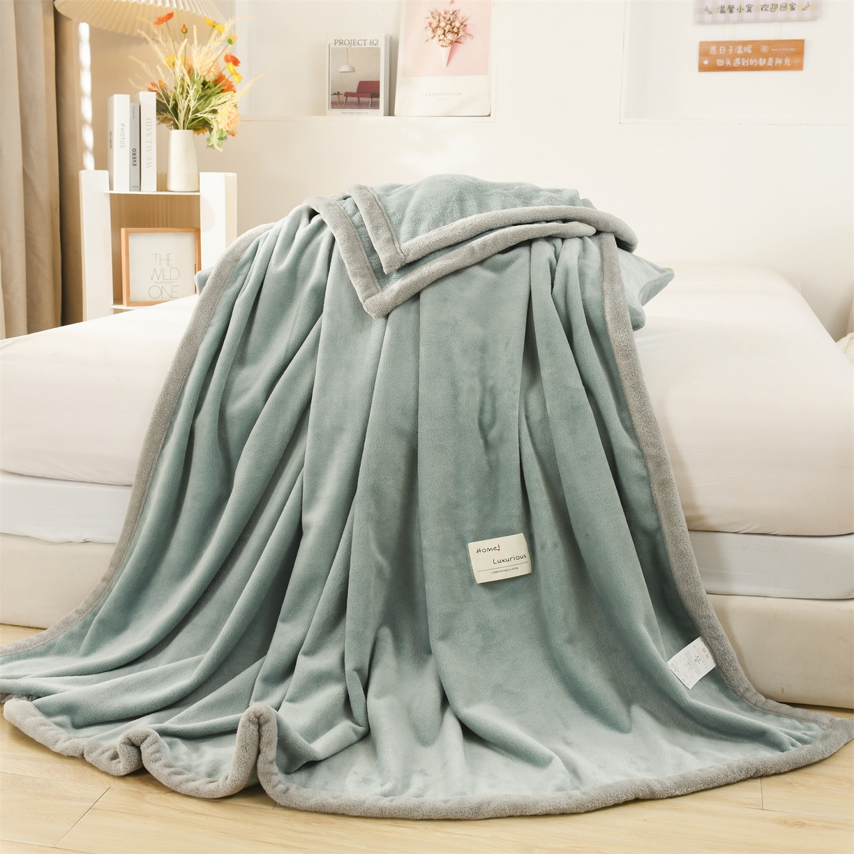 91家纺网 家纺一手货源 找家纺 恋绒家纺 2025新款双面绒多功能休闲毛毯盖毯毯子 湖蓝