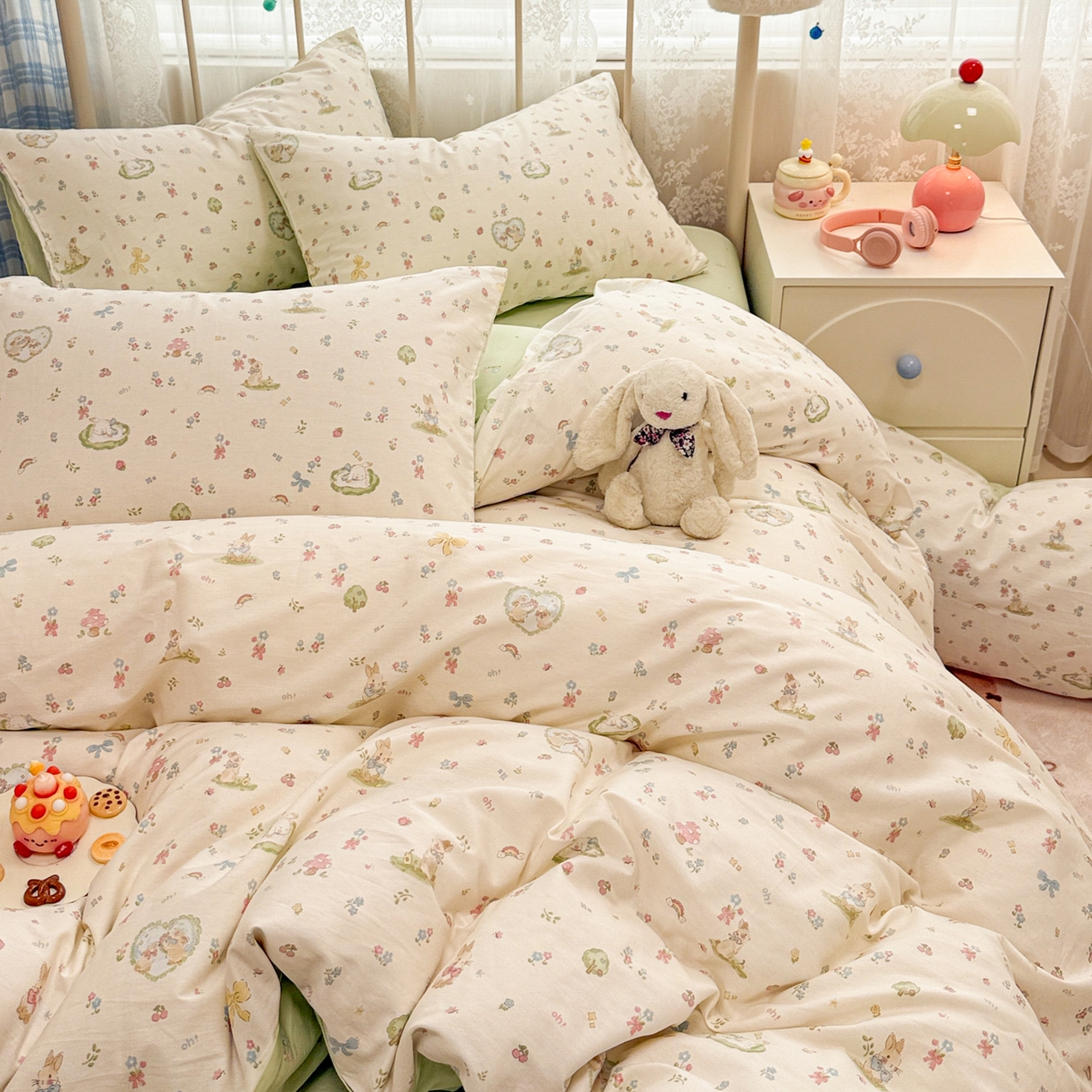 91家纺网 家纺一手货源 找家纺 简宜家居（朝初家纺） 2025新款12868全棉兔与花笺系列四件套 兔与花笺