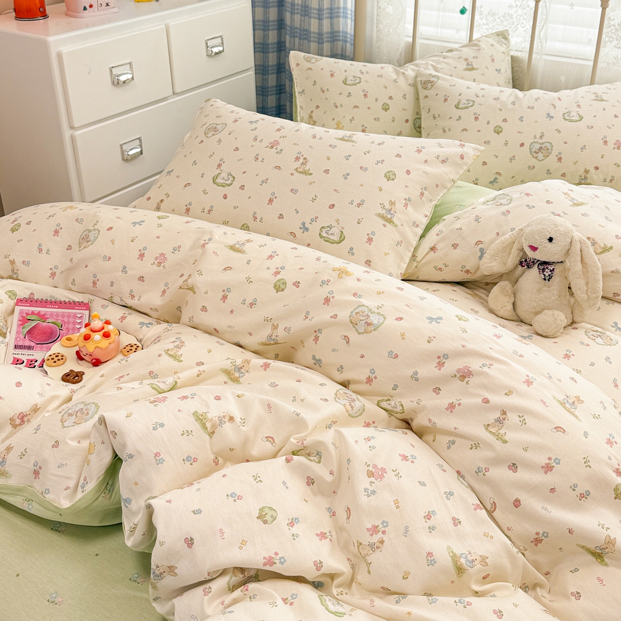 91家纺网 家纺一手货源 找家纺 简宜家居（朝初家纺） 2025新款12868全棉兔与花笺系列四件套 兔与花笺