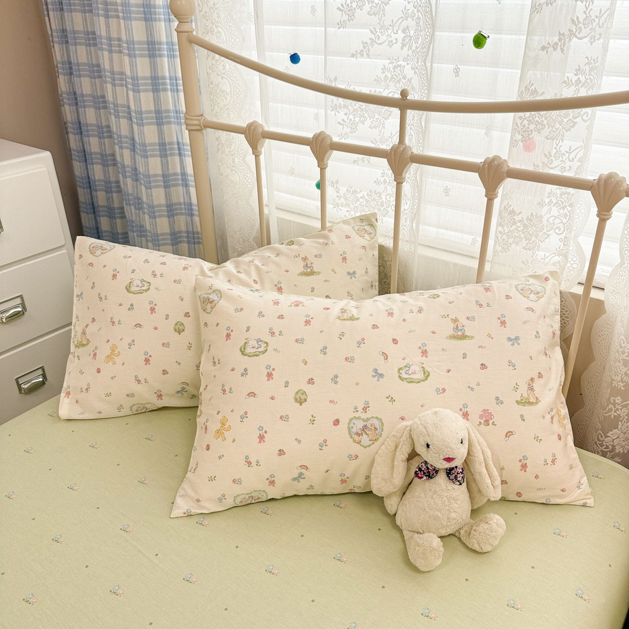 91家纺网 家纺一手货源 找家纺 简宜家居（朝初家纺） 2025新款12868全棉兔与花笺系列四件套 兔与花笺