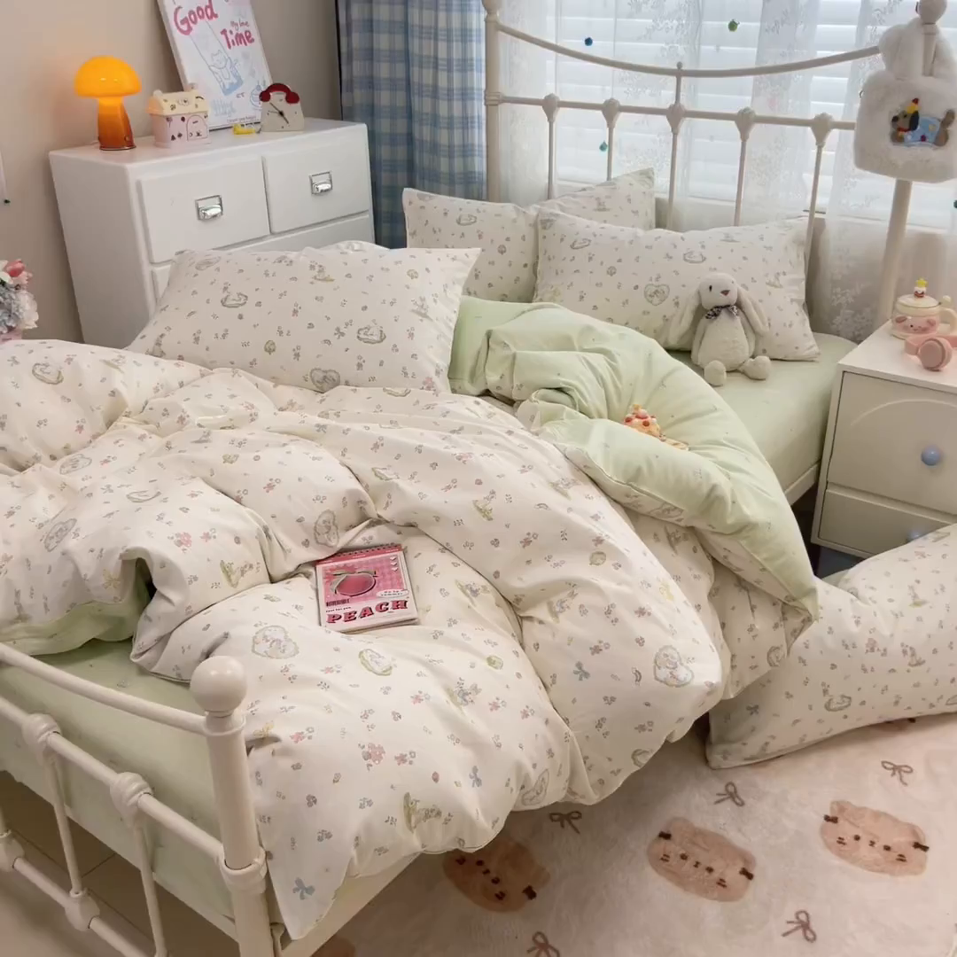 91家纺网 家纺一手货源 找家纺 简宜家居（朝初家纺） 2025新款12868全棉兔与花笺系列四件套 兔与花笺