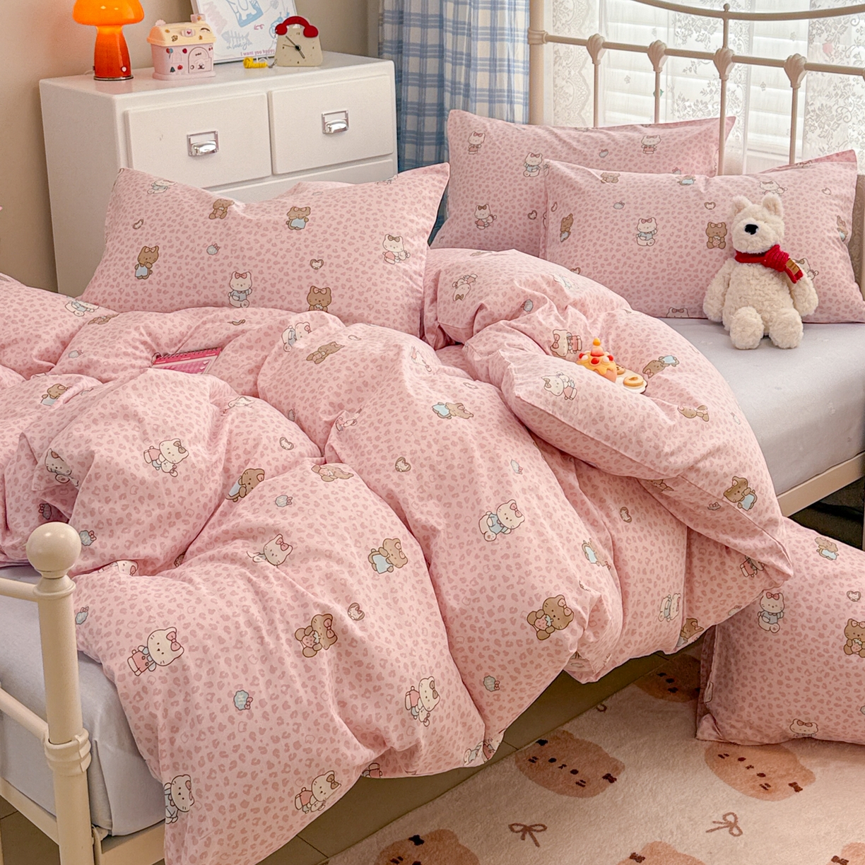 91家纺网 家纺一手货源 找家纺 简宜家居（朝初家纺） 2025新款12868全棉兔与花笺系列四件套 豹纹-粉