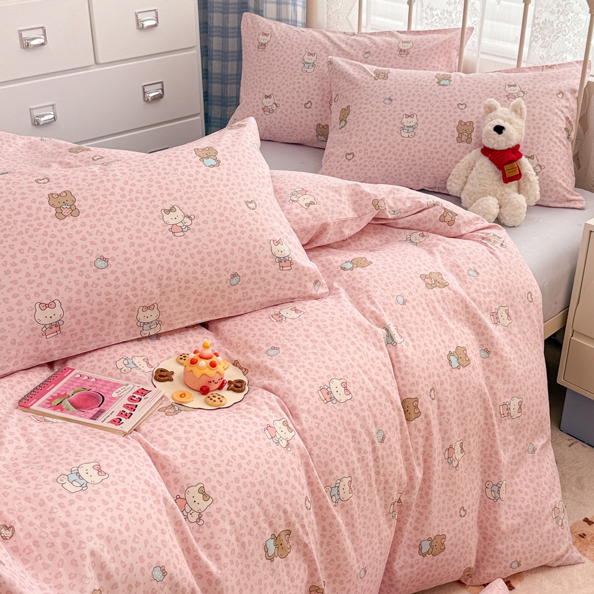 91家纺网 家纺一手货源 找家纺 简宜家居（朝初家纺） 2025新款12868全棉兔与花笺系列四件套 豹纹-粉