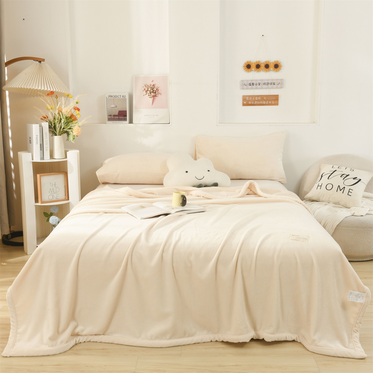 91家纺网 家纺一手货源 找家纺 恋绒家纺 2025新款双面绒多功能休闲毛毯盖毯毯子 米白