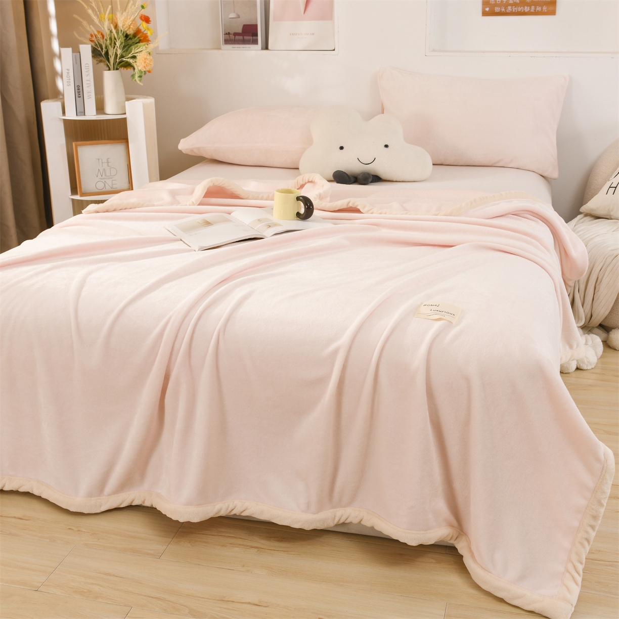 91家纺网 家纺一手货源 找家纺 恋绒家纺 2025新款双面绒多功能休闲毛毯盖毯毯子 浅粉