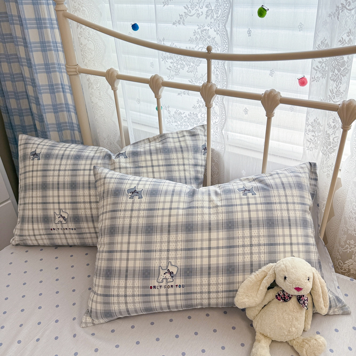 91家纺网 家纺一手货源 找家纺 简宜家居（朝初家纺） 2025新款12868全棉兔与花笺系列四件套 木马蓝格