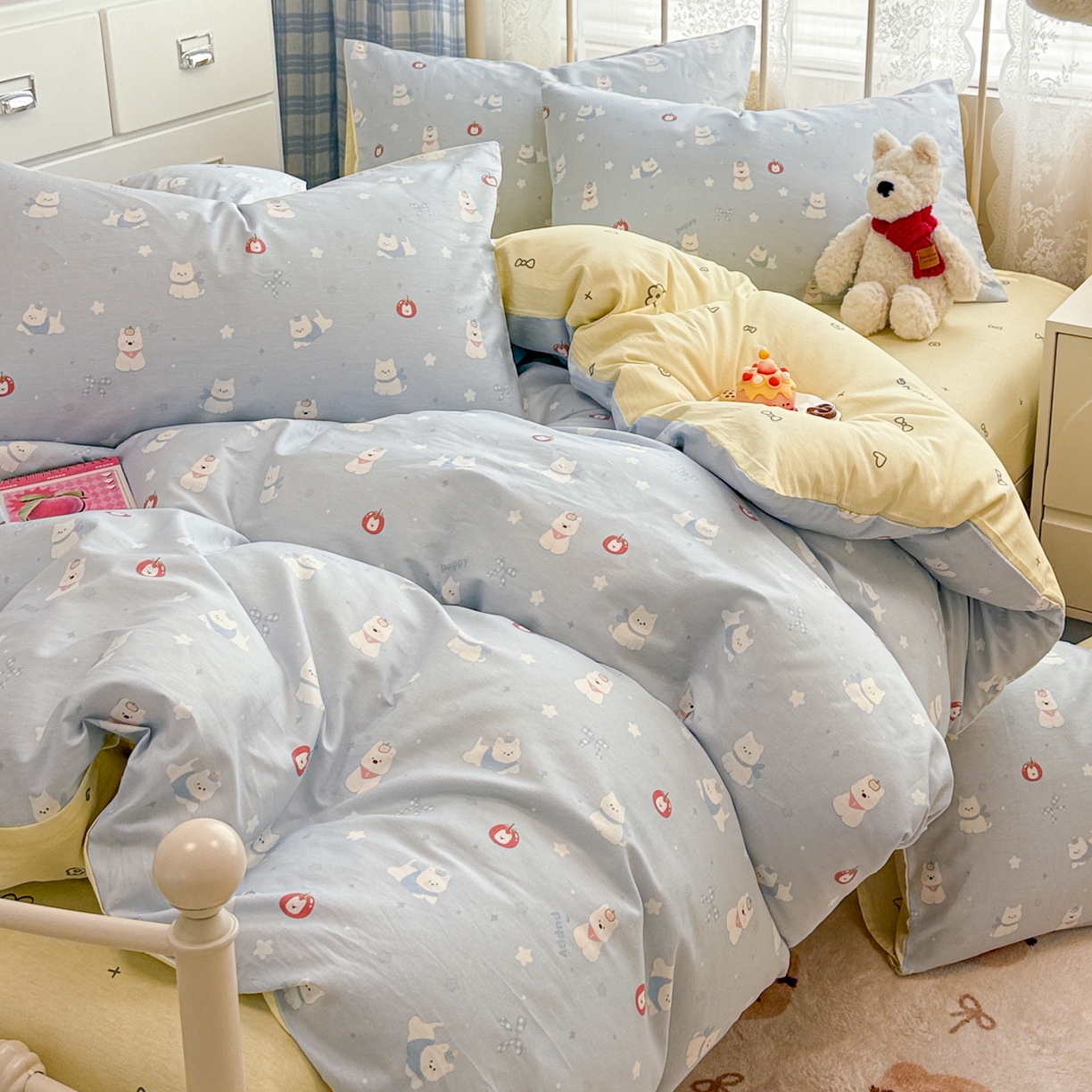 91家纺网 家纺一手货源 找家纺 简宜家居（朝初家纺） 2025新款12868全棉兔与花笺系列四件套 奶蓝熊语