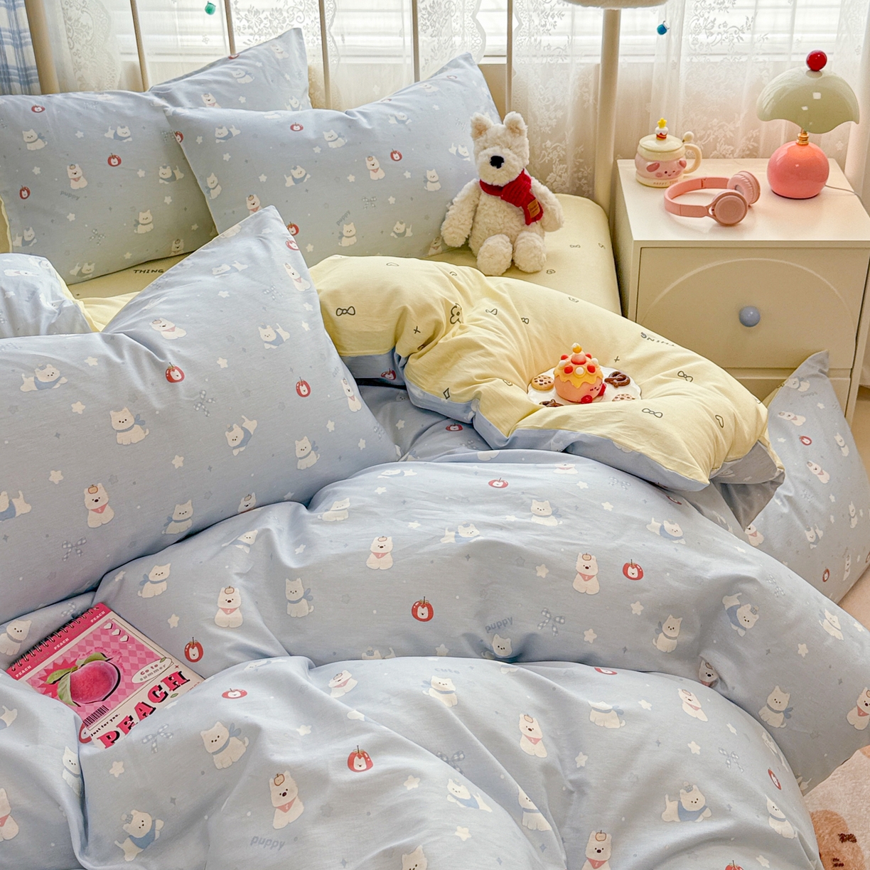91家纺网 家纺一手货源 找家纺 简宜家居（朝初家纺） 2025新款12868全棉兔与花笺系列四件套 奶蓝熊语