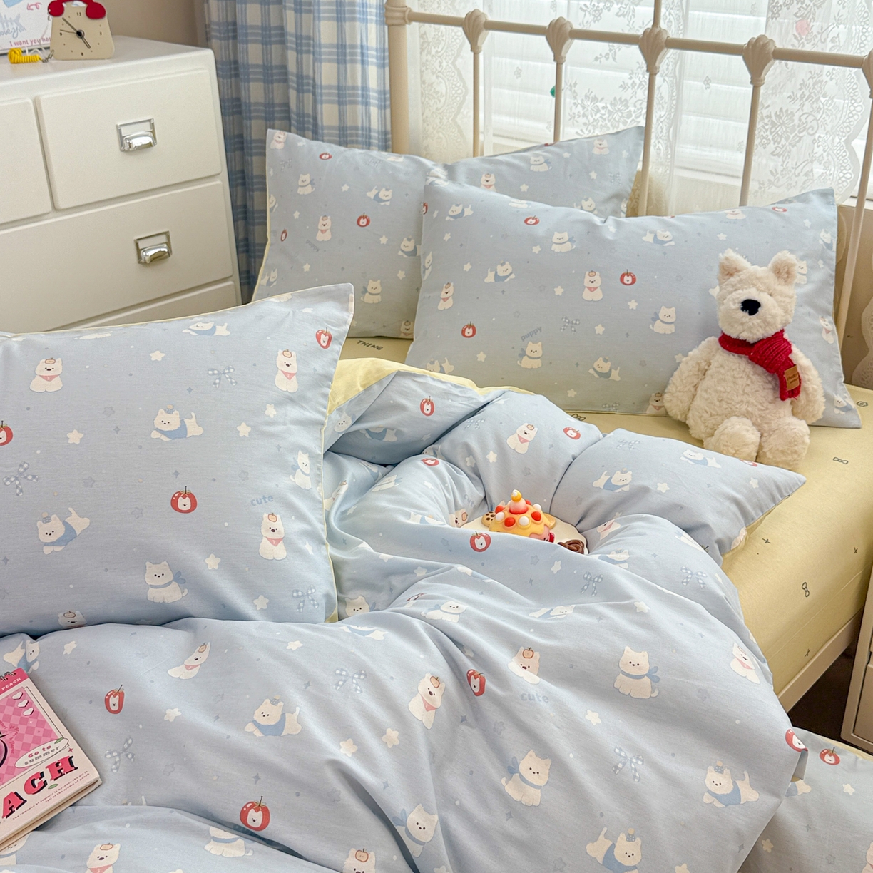 91家纺网 家纺一手货源 找家纺 简宜家居（朝初家纺） 2025新款12868全棉兔与花笺系列四件套 奶蓝熊语