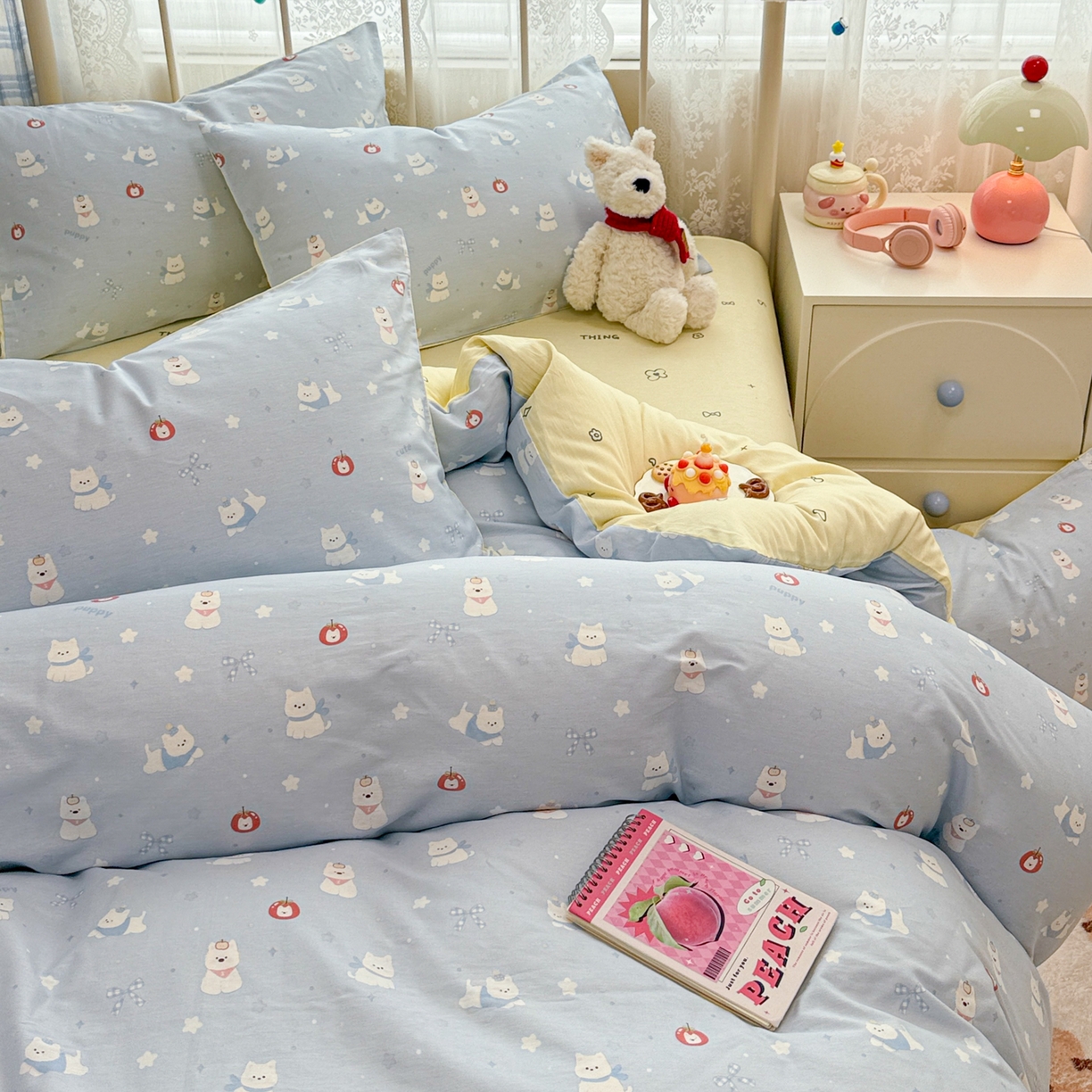 91家纺网 家纺一手货源 找家纺 简宜家居（朝初家纺） 2025新款12868全棉兔与花笺系列四件套 奶蓝熊语