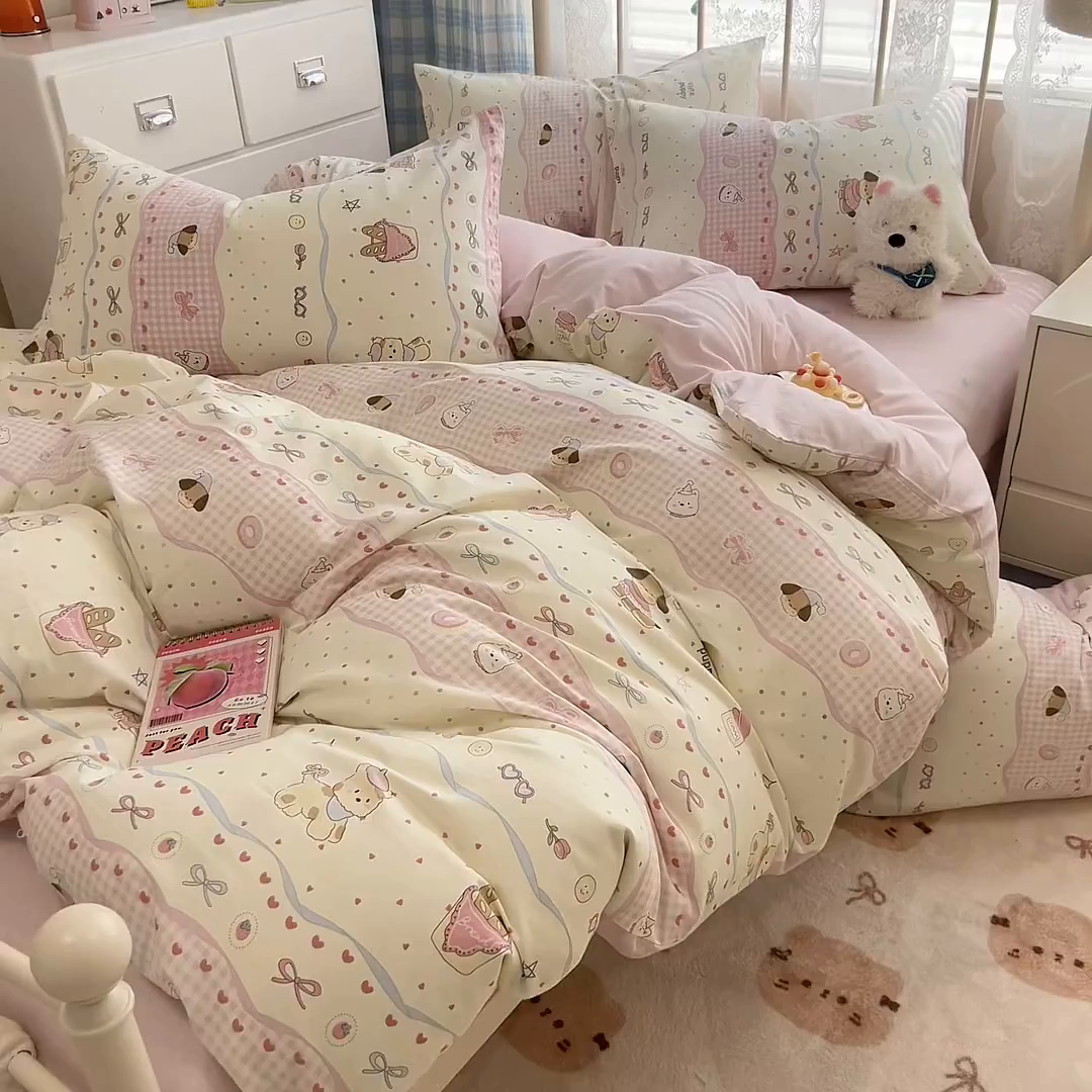 91家纺网 家纺一手货源 找家纺 简宜家居（朝初家纺） 2025新款12868全棉兔与花笺系列四件套 甜心萌犬