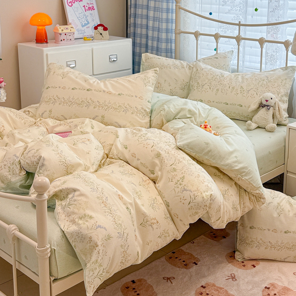 91家纺网 家纺一手货源 找家纺 简宜家居（朝初家纺） 2025新款12868全棉兔与花笺系列四件套 原野草木