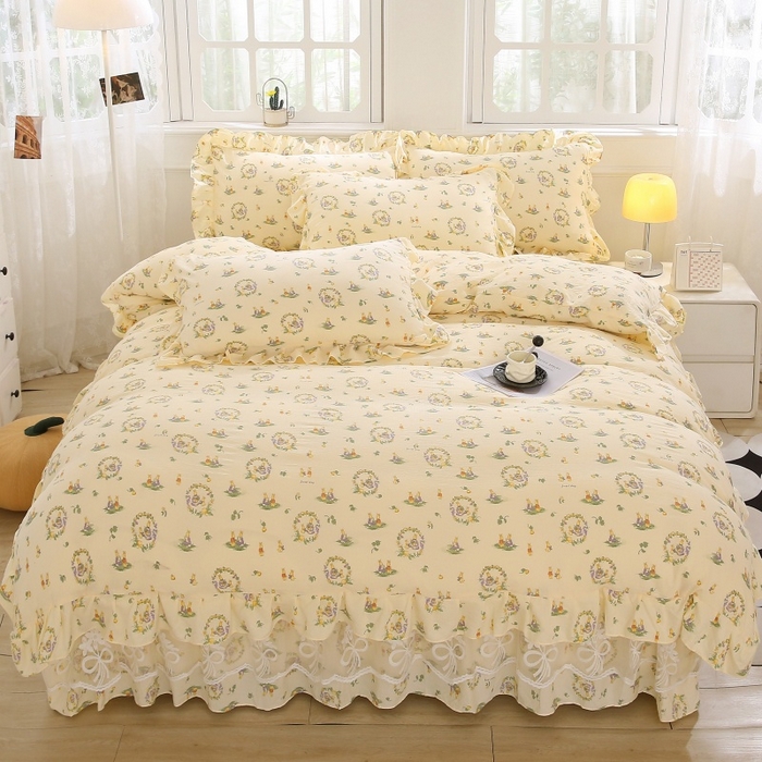 91家纺网 家纺一手货源 找家纺 （总）曲之慕 2026新款韩版双层纱蕾丝花边床裙款四件套