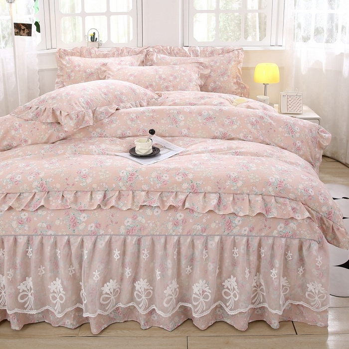 91家纺网 家纺一手货源 找家纺 曲之慕 2026新款韩版双层纱蕾丝花边床裙款四件套 爱如星辰