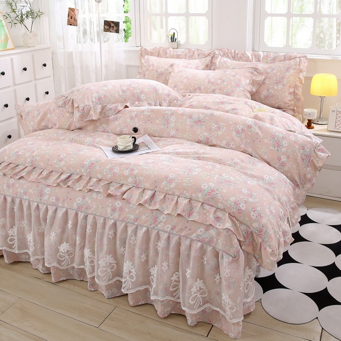 91家纺网 家纺一手货源 找家纺 曲之慕 2026新款韩版双层纱蕾丝花边床裙款四件套 爱如星辰