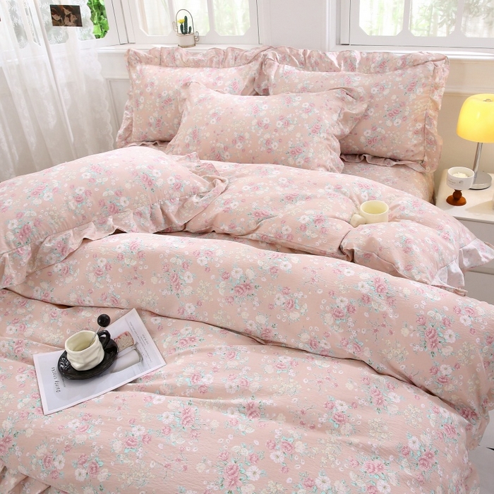 91家纺网 家纺一手货源 找家纺 曲之慕 2026新款韩版双层纱蕾丝花边床裙款四件套 爱如星辰