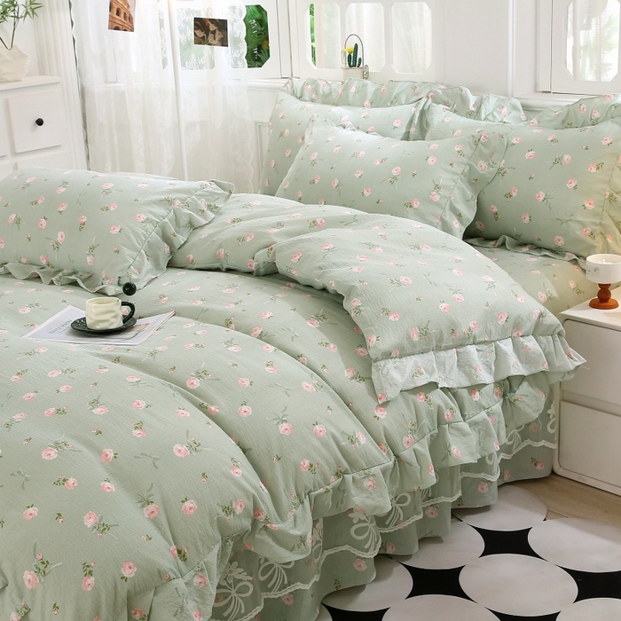 91家纺网 家纺一手货源 找家纺 曲之慕 2026新款韩版双层纱蕾丝花边床裙款四件套 半身倾慕