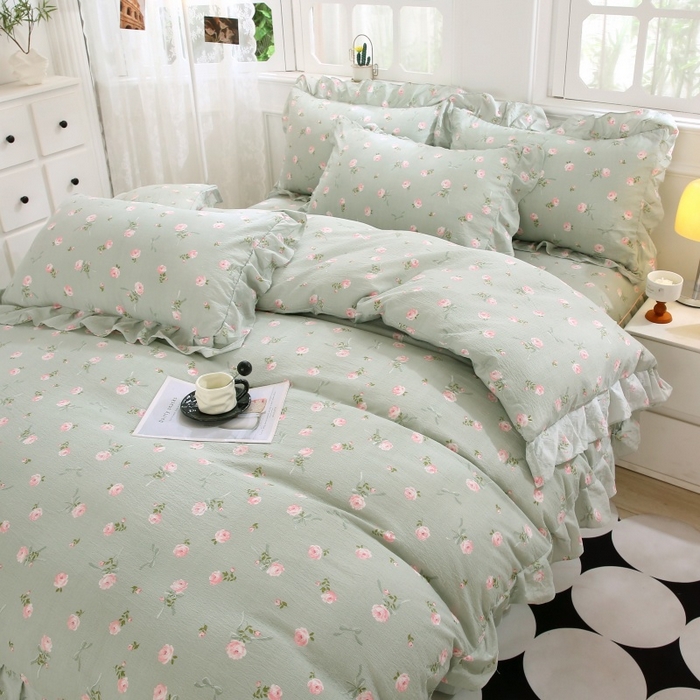 91家纺网 家纺一手货源 找家纺 曲之慕 2026新款韩版双层纱蕾丝花边床裙款四件套 半身倾慕