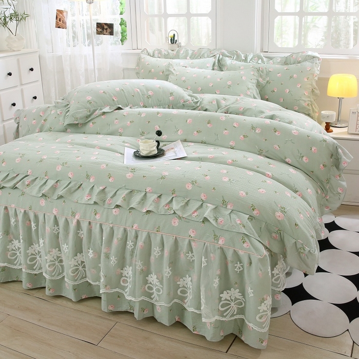 91家纺网 家纺一手货源 找家纺 曲之慕 2026新款韩版双层纱蕾丝花边床裙款四件套 半身倾慕