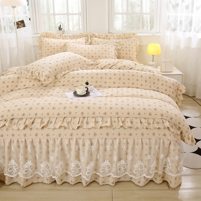 91家纺网 家纺一手货源 找家纺 曲之慕 2026新款韩版双层纱蕾丝花边床裙款四件套 花海