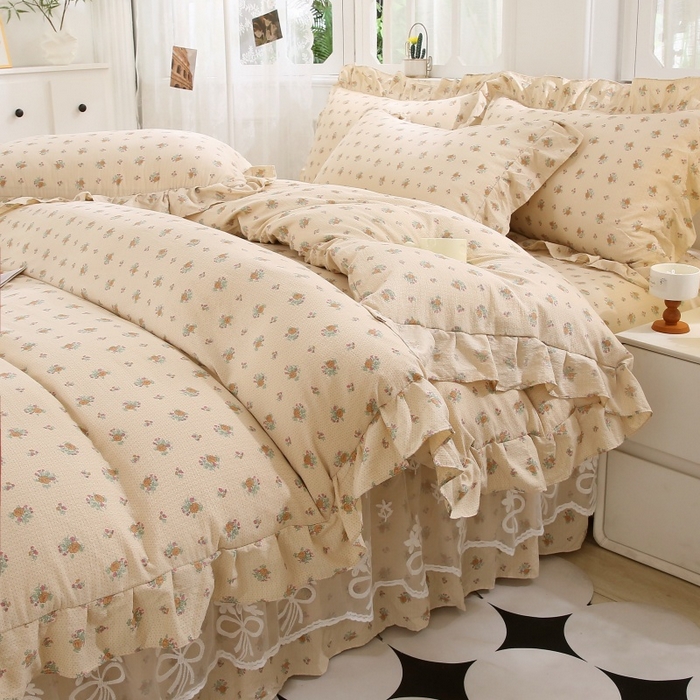 91家纺网 家纺一手货源 找家纺 曲之慕 2026新款韩版双层纱蕾丝花边床裙款四件套 花海