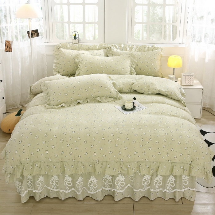 曲之慕 2026新款韩版双层纱蕾丝花边床裙款四件套 落日暮年-绿