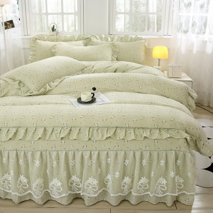 91家纺网 家纺一手货源 找家纺 曲之慕 2026新款韩版双层纱蕾丝花边床裙款四件套 落日暮年-绿