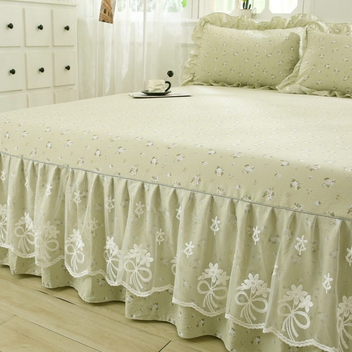 91家纺网 家纺一手货源 找家纺 曲之慕 2026新款韩版双层纱蕾丝花边床裙款四件套 落日暮年-绿