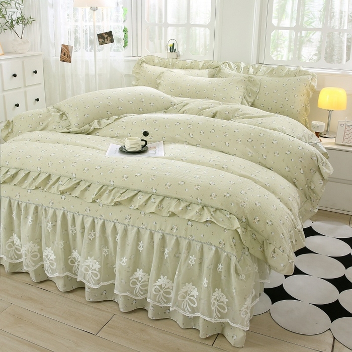 91家纺网 家纺一手货源 找家纺 曲之慕 2026新款韩版双层纱蕾丝花边床裙款四件套 落日暮年-绿