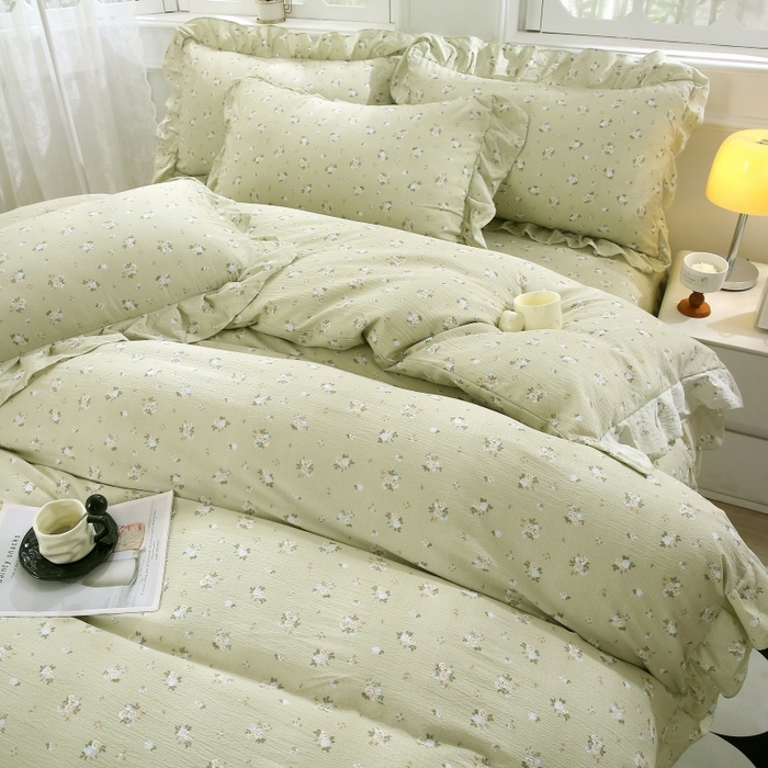 91家纺网 家纺一手货源 找家纺 曲之慕 2026新款韩版双层纱蕾丝花边床裙款四件套 落日暮年-绿