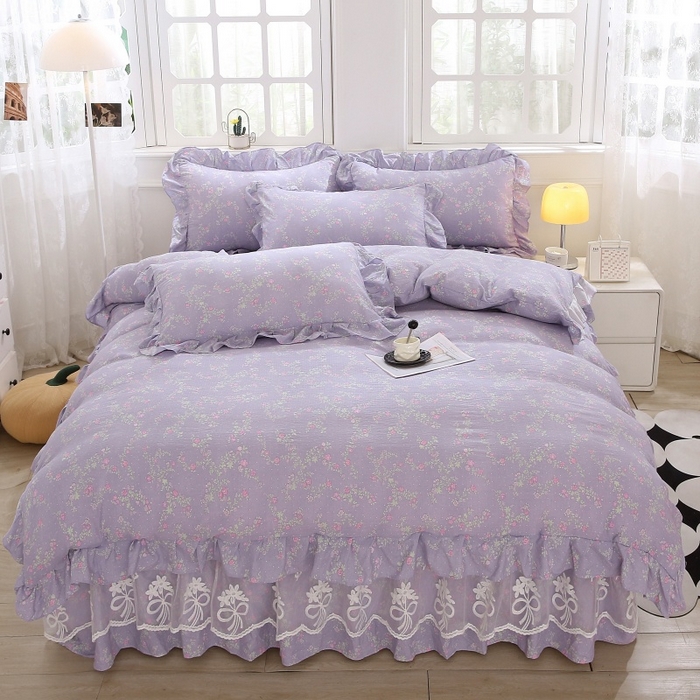曲之慕 2026新款韩版双层纱蕾丝花边床裙款四件套 倾心紫