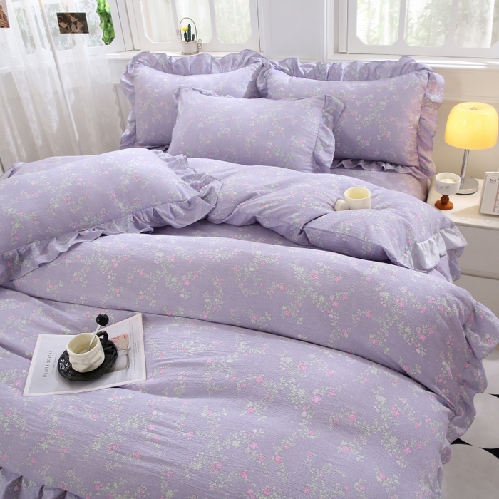 91家纺网 家纺一手货源 找家纺 曲之慕 2026新款韩版双层纱蕾丝花边床裙款四件套 倾心紫