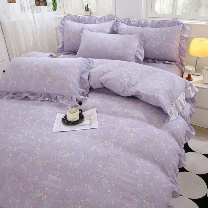 91家纺网 家纺一手货源 找家纺 曲之慕 2026新款韩版双层纱蕾丝花边床裙款四件套 倾心紫