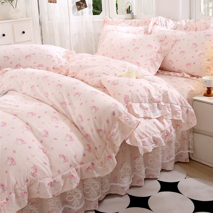 91家纺网 家纺一手货源 找家纺 曲之慕 2026新款韩版双层纱蕾丝花边床裙款四件套 甜蜜甜筒