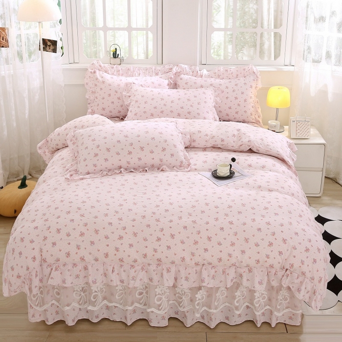 曲之慕 2026新款韩版双层纱蕾丝花边床裙款四件套 相思-樱桃红