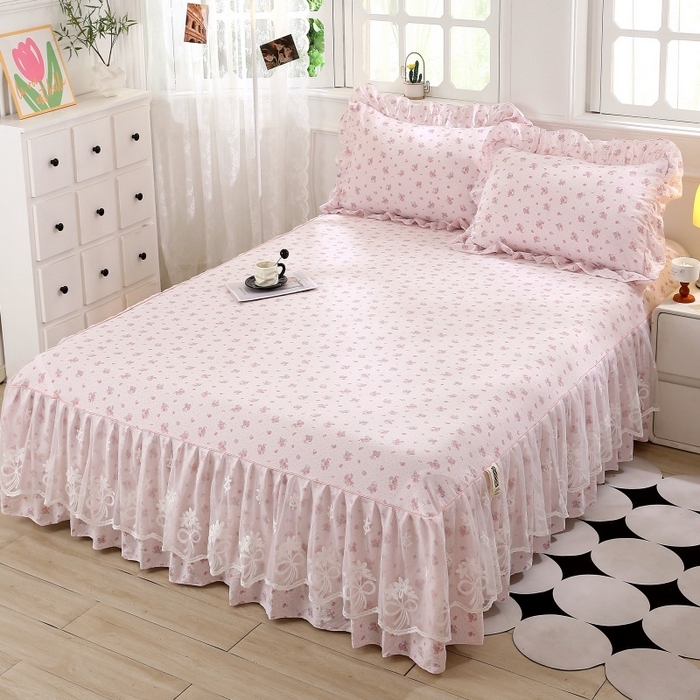 91家纺网 家纺一手货源 找家纺 曲之慕 2026新款韩版双层纱蕾丝花边床裙款四件套 相思-樱桃红