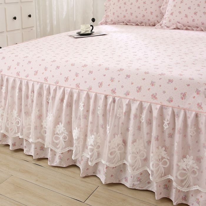 91家纺网 家纺一手货源 找家纺 曲之慕 2026新款韩版双层纱蕾丝花边床裙款四件套 相思-樱桃红